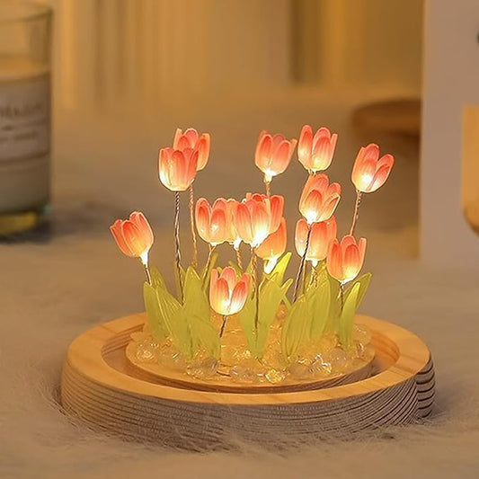 ONXE Birthday Christmas Flower Gifts for Women,Tulips Night Light Small Glass Flower Lamp with Wooden Base for Home Decor Romantic Unique Gift for Girlfriend Mom Sister Grandma Wife Her
