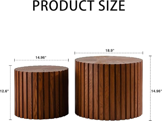 Nesting Coffee Table Set of 2, Modern Round Wooden Circle Accent Coffee Tables for Small Spaces Living Room Bedroom Balcony Office Drum Side Table