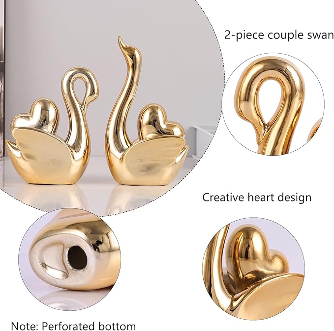 Loving Swan Figurine with Gold Heart Statue, Ceramic Animal Regalos Para Parejas, Cute Figurines Pottery Gifts for Anniversary, Couple Swan Sculpture for Women Dresser Knick Knacks Shelves Show Pieces