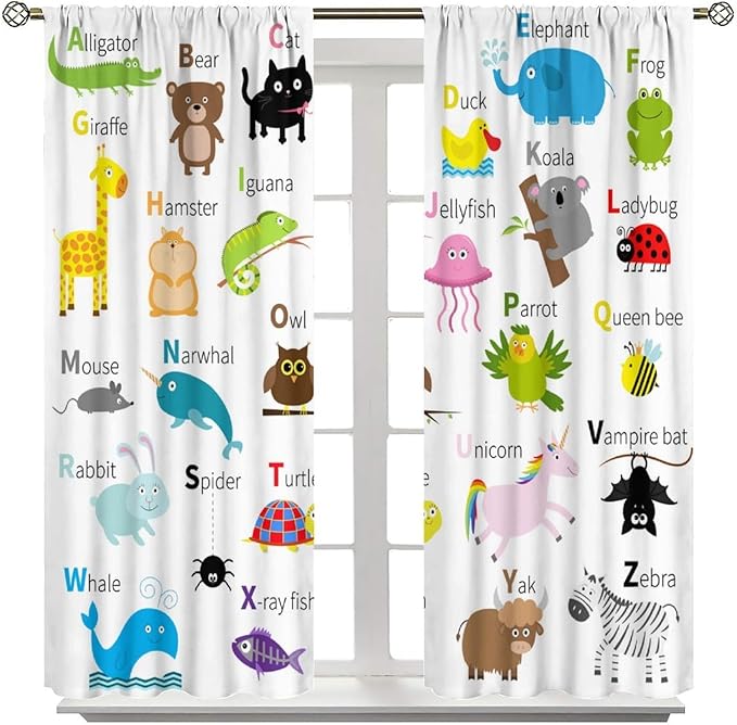 Alphabet Curtains, Cute Cartoon Animals Pattern Blackout Print Window Drapes for Bedroom Living Room 42x54 Inch