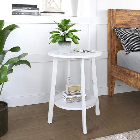 Side Table Set of 2, Small Round End Table with Storage Shelf for Small Space, 2-Tier Bedside Table, Nighstands Set of 2 Accent Table for Living Room, Bedroom, White