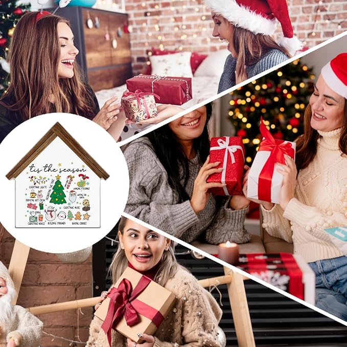 Christmas Home Decor, Xmas Tis the Season House Shaped Wood Block Sign Santa Gingerbread Hot Cocoa Decor, Christmas Holiday Home Living Room Decorations for Desk Table Shelf