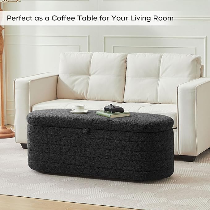 Storage Ottoman Bench End of Bed for Bedroom,45 inch Boucle Upholstered Entryway Shoe Seat Bench w/ Storage,Sherpa Modern Cute Padded Blanket Chest Stool Foot Rest for Living Room,Black