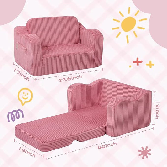 MeMoreCool Toddler Chair & Kids Couch Bed 2‑in‑1 Foldable Lounge Pink (1‑3 yrs) — Convertible Fold‑Out Seat to Sofa Bed for Toddlers, Soft Corduroy Finish, Machine‑Washable Cover, Ideal for Playrooms