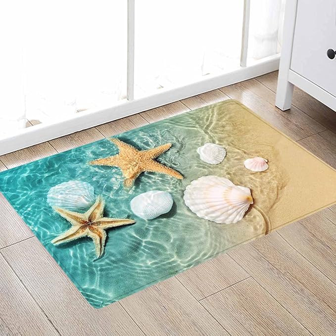 Bath Rugs Sponge Foam Absorbent Soft for Bathroom and Kitchen (30 x17 inches), Flannel Mat Non Slip Bright 3D Print for Bedside and Living Room(Scallop Starfish)