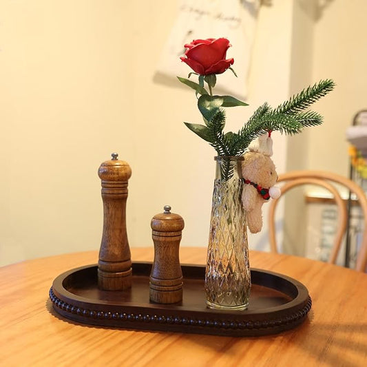 Oval Wood Decorative Tray with Wooden Beads, Vintage Serving Platter Tray for Ottoman, Coffee Table, Entertaining, Kitchen Counter Organizer, Home Decor (Retro Brown)