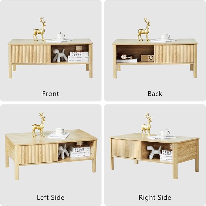 Mid-Century Modern Rectangular Wood Coffee Table with Dual Storage Shelf, Storage Center Coffee Tables with Waveform Panel Sliding Door Dining Table for Living Room Apartment(Natural)