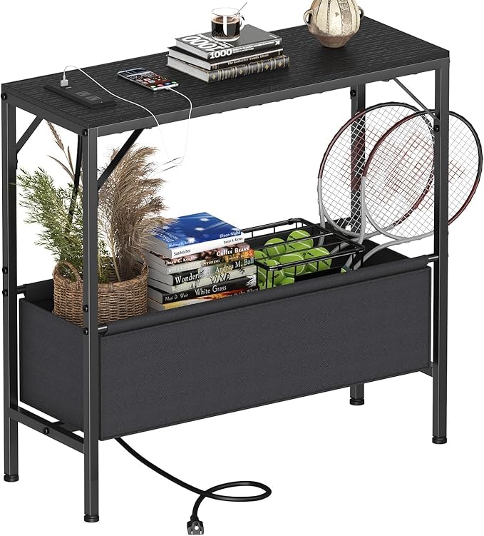 Skinny Console Table with Charging Station and Storage Basket, 31.5'' Couch Table Behind Sofa, Small Entryway Table, Narrow Sofa Table for Hallway, Foyer, Living Room, Black
