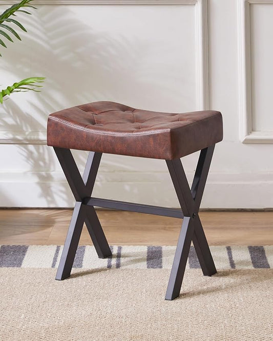 IBUYKE U-Shaped PU Vanity Stool, Square Makeup Chair with X-Leg, Ottoman Seat Footrest Stool, Multi-Use as Small Side Table, for Bedroom, Living Room, Dark Brown WBD019Z