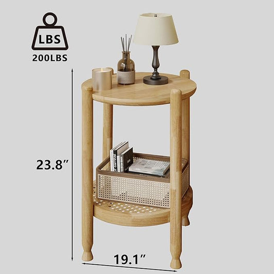NSdirect Round End Table for Living Room, 2-Tier Rustic Wood Center Table for Home Decor with Boho Woven Rattan Storage Shelf | Modern Farmhouse Design, Easy Assembly, Oak