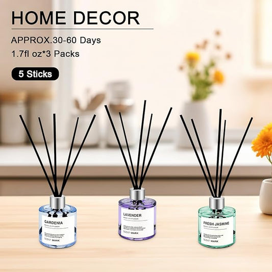 Reed Diffuser Set of 3 Pack,50ML Lavender Jasmine Lemon Basil Scented Oil Diffuser with 5 Sticks,Home Fragrance Reed Diffuser for Bedroom Bathroom Office (Lavender/Jasmine/Fig Cedar)