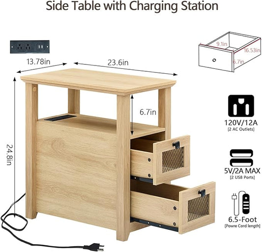 Farmhouse XXL End Table with Charging Station, Narrow Side Table with USB Ports and Outlets, Nightstand with 2 Drawers Storage, Bedside Tables for Living Room, Bedroom, Wooden Color