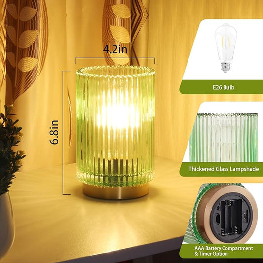 Battery Operated Lamp, Cordless Table Lamp with Timer, Desk Bedside Lamps with LED Warm Light, Glass Small Table Lamp for Bedroom, Bathroom, Living Room, Home Decor - Green