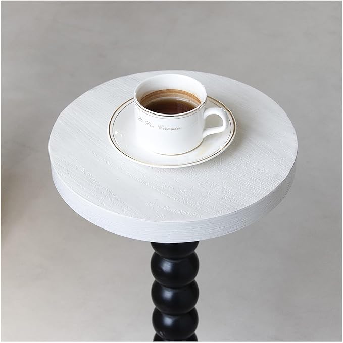 COZAYH Small Pedestal End Table, Living Room Accent Side Table Display Stand, Drink Table with Wood Top & Distressed Metal Spindle Base, White & Black
