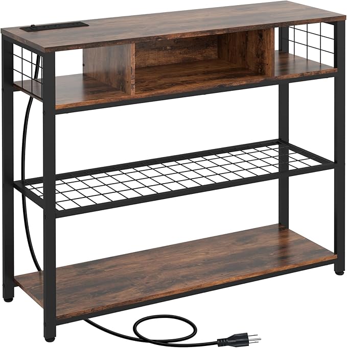 Livofloral Console Tables with Charging Station, 4 Tier Narrow Sofa Tables with Storage Shelves, Entryway Tables with Outlet and USB Ports, Behind Couch Table for Living Room Hallway, Rustic Brown
