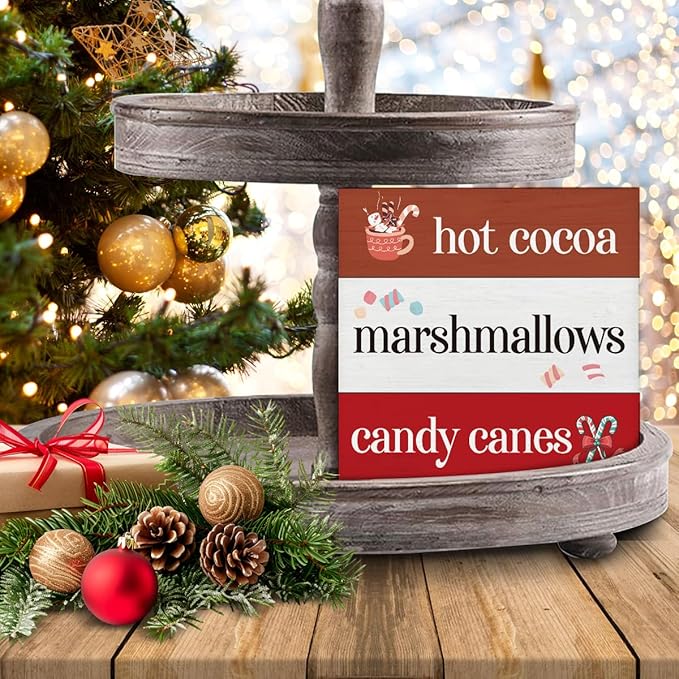 Hot Cocoa Bar Winter Decorations Indoor - Christmas Decor, Hot Cocoa Chocolate Bar Wooden Sign, Home Decor for Desk Table Shelf 5 X 5 Inches