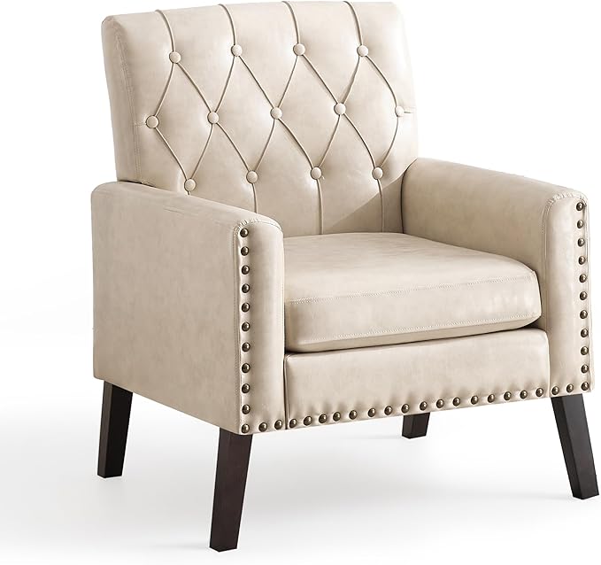 Mid Century Modern Accent Chair, White Faux Leather Office Chair for Reception - Brown Leather Club Chair for Living Room, Bedroom, or Waiting Room