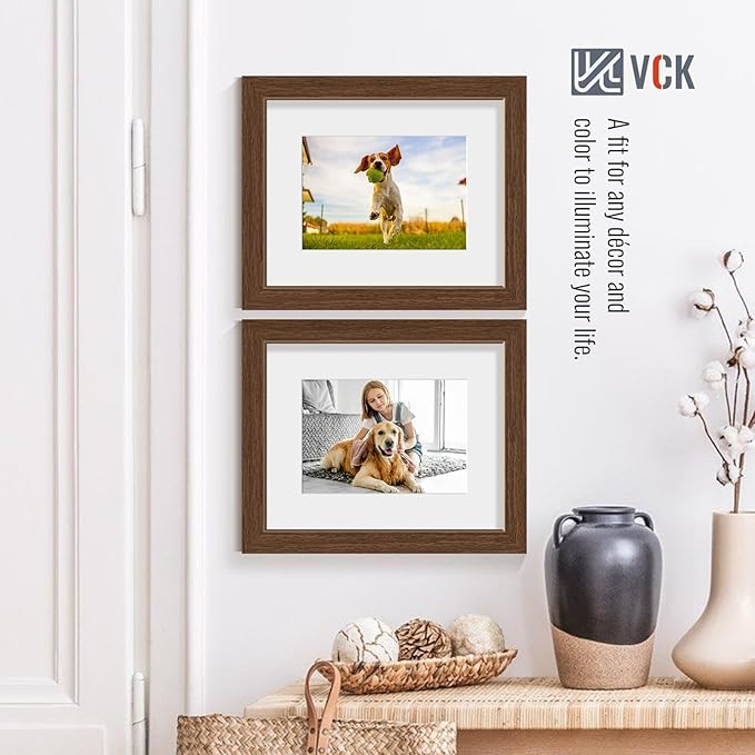 VCK 8x10 Picture Frame 2 Pack - Brown, High-End Wood Poster Frames with Tempered Glass, Display 5x7 Photo with Mat or 8x10 without Mat, Art Gallery-Quality, Wall Hanging/Tabletop, Brown