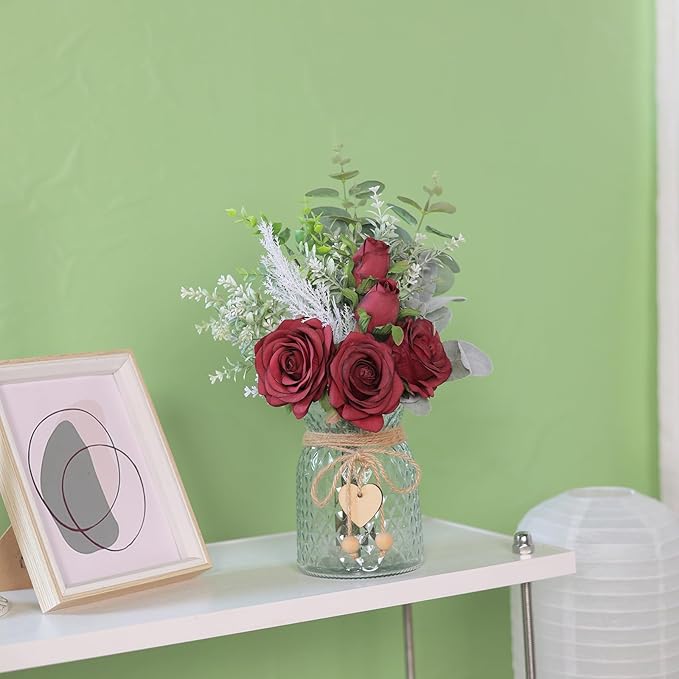 Faux Flowers with Vase,Artificial Silk Roses in Vase, Fake Plant Eucalyptus Flower Arrangement for Home Office Farmhouse Bathroom Dining Table Centerpiece Decorations Coffee Table Decor (Burgundy)