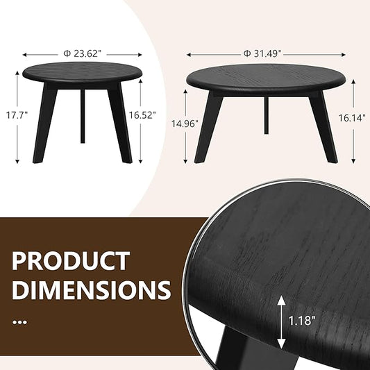 23.6" Coffee Table Mid Century Modern Farmhouse Round Nesting Stacking, Vintage Rustic Solid Wood, Black Accent Coffee Table for Living Room, Bedroom & Office, Espresso