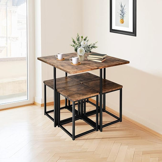 COSTWAY 5 Piece Dining Table Set, Counter Kitchen Table and Chair Set for 4 Includes 1 Square Table and 4 Stools, Space-Saving Pub Dining Set for Living Room, Breakfast Nook, Coffee Shop (Brown)