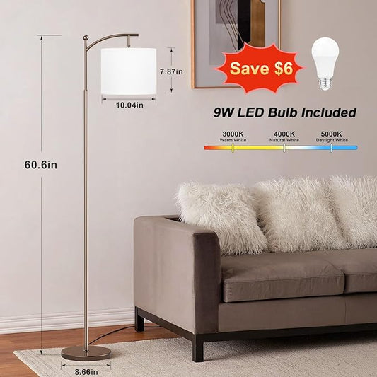 60" Floor Lamps for Living Room with 3 Color Temperatures, Adjustable White Shade with Brown Pole, Tall Lamps for Living Room Bedroom Office Classroom Dorm Room, 9W Bulb Included