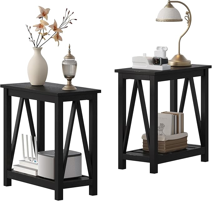 ChooChoo Farmhouse End Table Set of 2, Rustic Vintage Narrow End Side Table with Storage Shelf for Small Spaces, Nightstand Sofa Table for Living Room, Bedroom Black