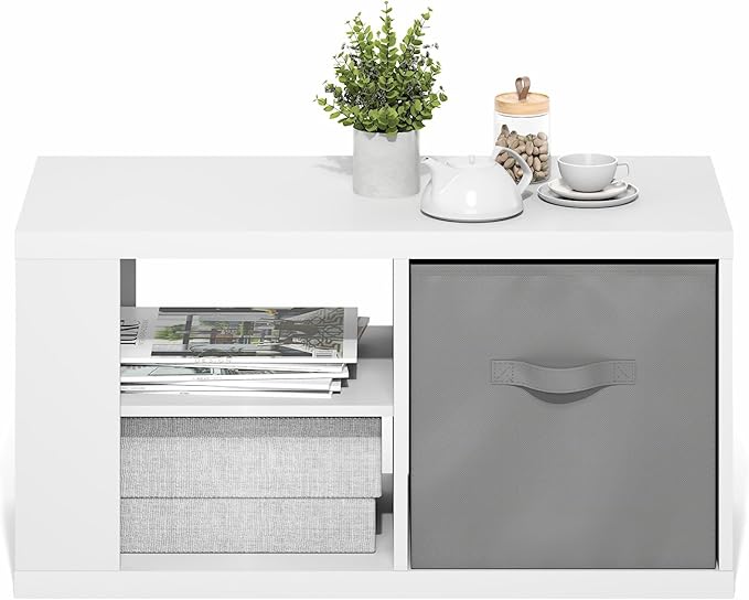 Furinno Viola Coffee Table, 3-Tier Modern Coffee Table with 1.2" Thick Tabletop, Side Table with Open Shelf and Storage Bin, for Living Room, Bedroom, Home Office, White/Light Grey