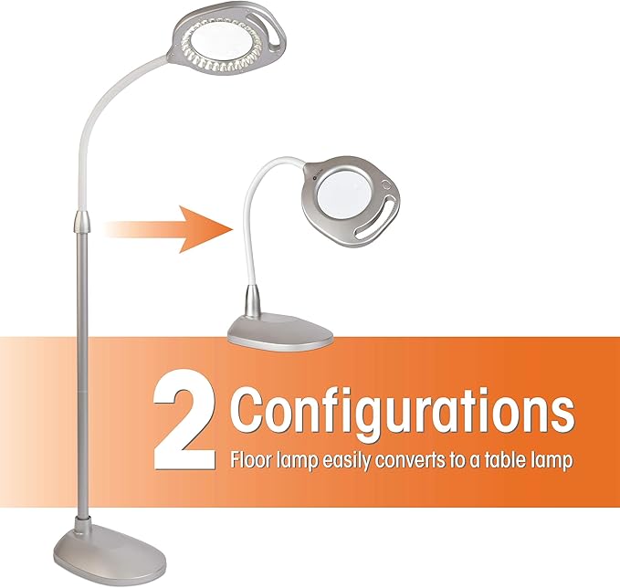 OttLite 43828C 2-in-1 LED Mag Floor and Table Lamps, 4.69" x 15.38" x 17.38", Silver