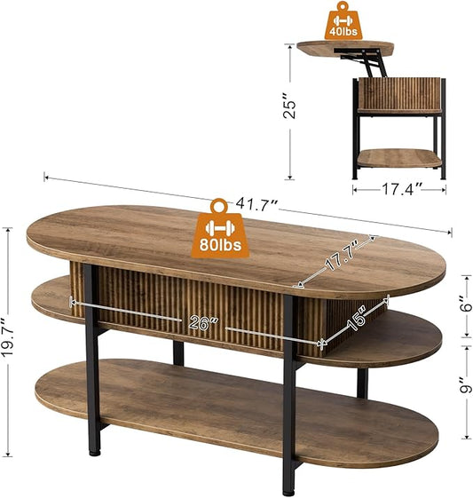 FABATO 41.7" Oval Lift Top Coffee Table, Fluted Wood Center Table with Hidden Storage, 3 Tier Small Tables with Curved Edge, Modern Narrow Coffee Table for Living Room Reception Room, Vintage Oak