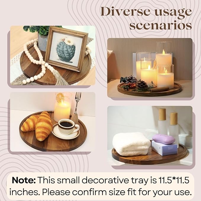 11.5 Inch Small Wood Round Decorative Tray for Home Decor, Coffee Table, Dining Table, Kitchen Island, Bathroom Counter