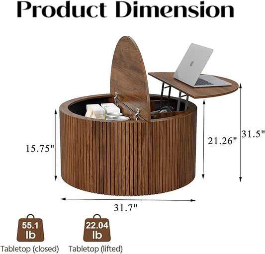 Mid Century Round Fluted Lift Top Coffee Table, Modern Center Table with Storage and Compartment, 2 Tier Small Circle Dining Table, for Living Room, Home Small Space, Walnut Oak