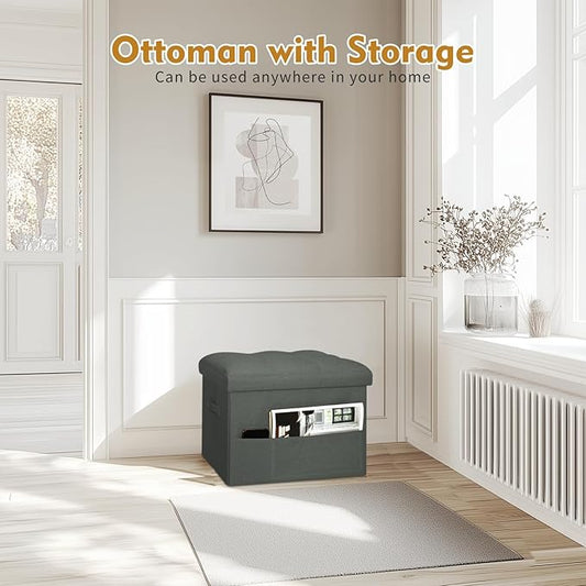 Small Ottoman with Storage, Foldable Ottoman Foot Rest Stool with Thicker Foam Padded Seat. Linen Storage Bench for Bedroom Living Room, Holds Up to 300 lbs, 17x13x13IN(Black Green)