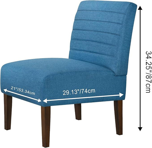 Slipper Accent Chair Modern Armless Lounge Chair with Wood Legs Upholstered Makeup Vanity Tufted Side Chair Fabric Comfy with Decor Back for Living Room Bedroom Patio (Horizontal Back, Blue)