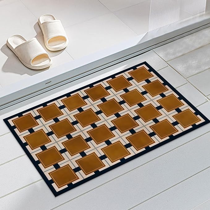 Ultra Thin Door Mat Indoor Entrance, 1/10 in Thin Door Mats for Inside Entry, Non-Slip Rubber Backing Washable Doormat, Fade Resistant, Absorbent, Low Profile Dirt Trapper, 30"X17",Khaki Checkered