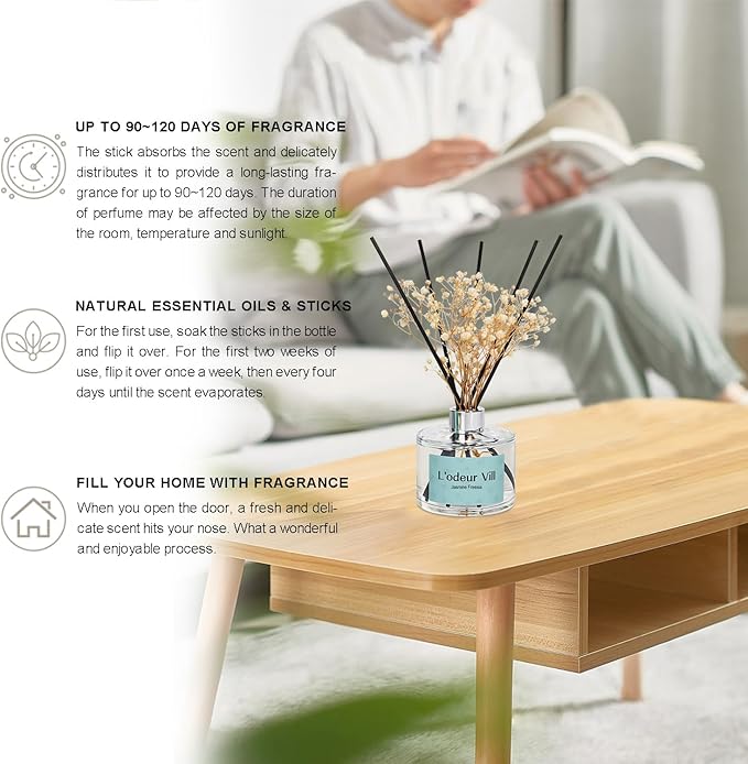 L'odeur Vill Reed Diffuser Set, 6.7 oz(200ml) Jasmine Freesia Scented Diffuser with 6 Oil Diffuser Sticks, Home Fragrance Essential Oil Reed Diffuser for Home Large Rooms Bathroom Shelf Decor