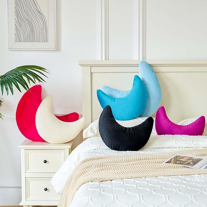 Hot Pink Moon Pillow, 14.9" Cute Soft Velvet Half Moon Shape Plush Decorative Throw Pillows Cushions Room Decor for Couch Bedroom Living Room
