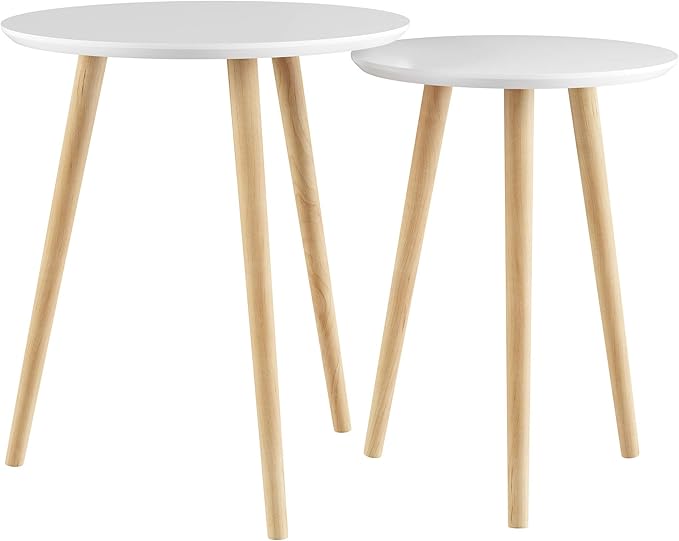 Nesting Side Tables - Set of 2 Round End Tables for Living Room, Bedroom, or Home Office - Accent Table Set - Mid-Century Modern Living Room Furniture by Lavish Home (White/Natural)