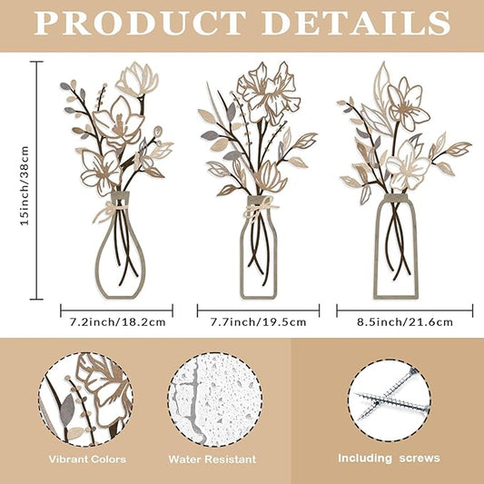 ARTINME 3 Pieces Metal Flowers Wall Arts - Rustic Farmhouse Decor Minimalist Flower Wall Decors for Living room Bathroom Kitchen Bedroom Dining Room - Housewarming Gifts (Brown)