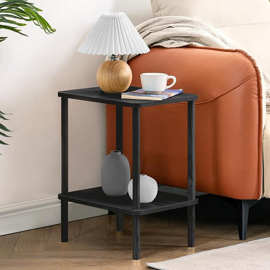 Apicizon 2 Tier End Table, Small Side Table with Solid Wood Legs, Boho Bedside Table with Storage Shelf, Nightstand for Small Spaces, Bedroom, Living Room, Entryway, Farmhouse, Easy Assembly, Black