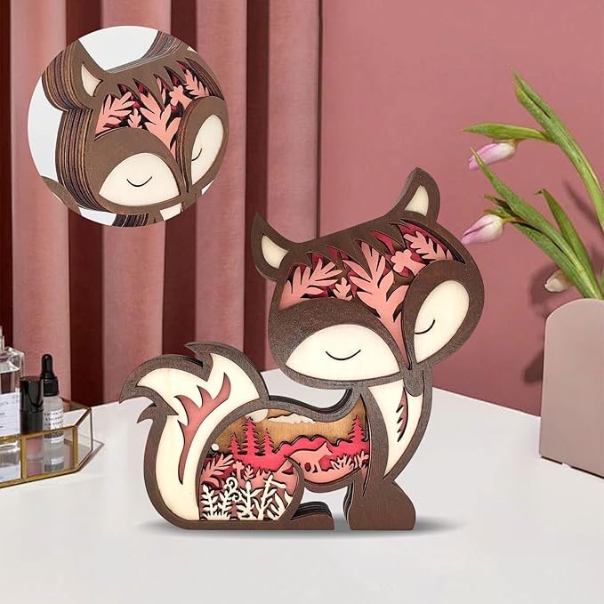 Drawelry 3D Wooden Carving Animals Lamp - Creative Fox Squirrel Wood Carved LED Night Light Garden Yard Wooden Animals Sculpture Ornaments Desktop Home Decor Birthday Gifts for Family Friend (Fox)