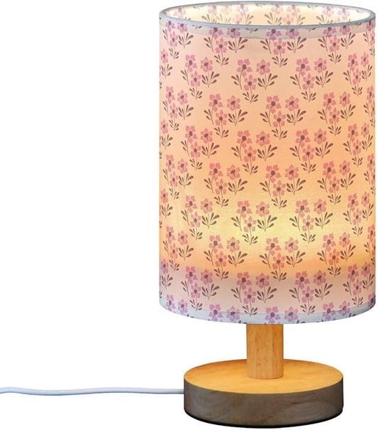 Small Table Lamp for Bedroom Bedside Nightstand with Wire Switch Desk Lamps Linen Fabric Shade Flower Print(Pink)