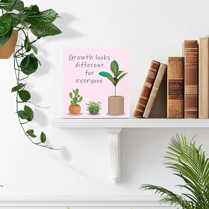 LVQHI Pink Inspirational Wood Block Sign,Growth Looks Different for Everyone Plant Motivational Wooden Block Sign for Home Bedroom Office Desk Decor,Inspirational Cheer Up Gift for Coworker Friend