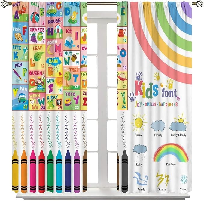 BAEKJIN Kids Alphabet Curtains,Crayon Rainbow and Cute Cartoon Animals Pattern Print Decor Window Drapes for Bedroom Living Room 42x45 Inch
