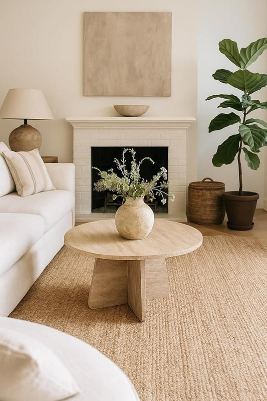 Travertine Efect Coffee Table Modern Side Table for Living Room Accent Table for Sofa or Bedroom (22.8x22.8x16.5 inches)