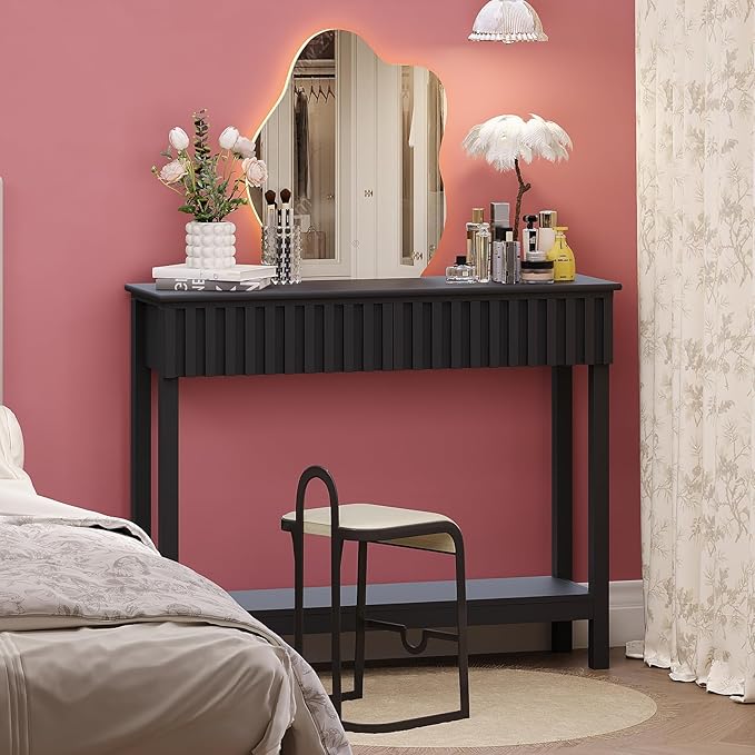 Fluted Console Table with 2 Drawers Narrow Sofa Table with Open Storage Shelf Modern Behind Couch Tables Long Entryway Table for Foyer Hallway