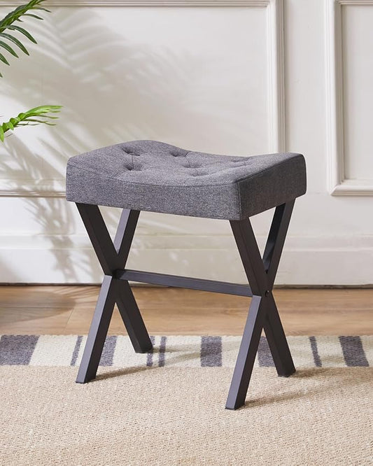 IBUYKE U-Shaped Linen Vanity Stool, Square Makeup Chair with X-Leg, Ottoman Seat Footrest Stool, Multi-Use as Small Side Table, for Bedroom, Living Room, Dark Gray WBD018G