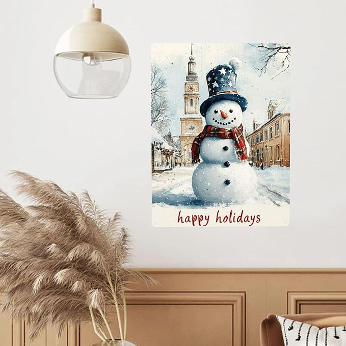 Cafemira Metal Signs,Happy Holiday Snowman,Tin Sign Art Wall Home Decor,Metal Plaque,For Cafe,Living Room,Bedroom,Office,Indoor Outdoor Decor,Practical Decorative Poster.Easy To Hang,12x16 Inch
