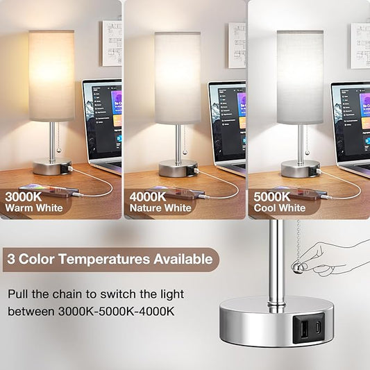 Silver Bedside Lamps for Bedroom Set of 2 - Nightstand Table Lamp with USB A + C Charging Port, 3 Color Temperatures Pull Chain Night Stand Light, Side Table Desk Reading Lamp for Living Room/Dorm