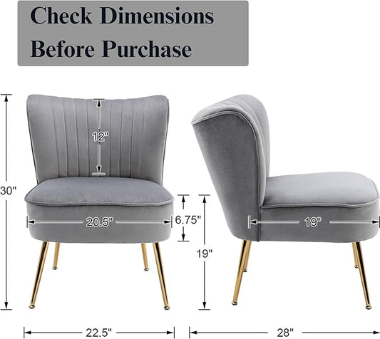 Velvet Accent Chair Set of 2 Comfy Living Room Chair Armless Slipper Chair Mid Century Side Chair Single Sofa Chair with Golden Legs Wingback for Bedroom Guest Room, Grey